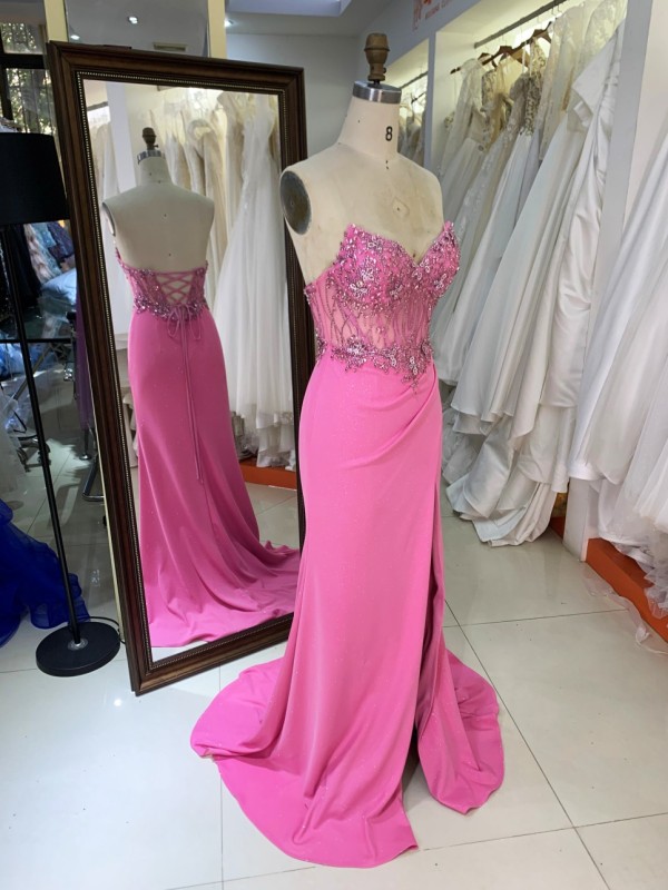 2026 High Quality Chic Hot Pink Laced Bodice Fitted Prom Dress Rhinestone Mermaid Strapless Floor-Length Satin Fabric