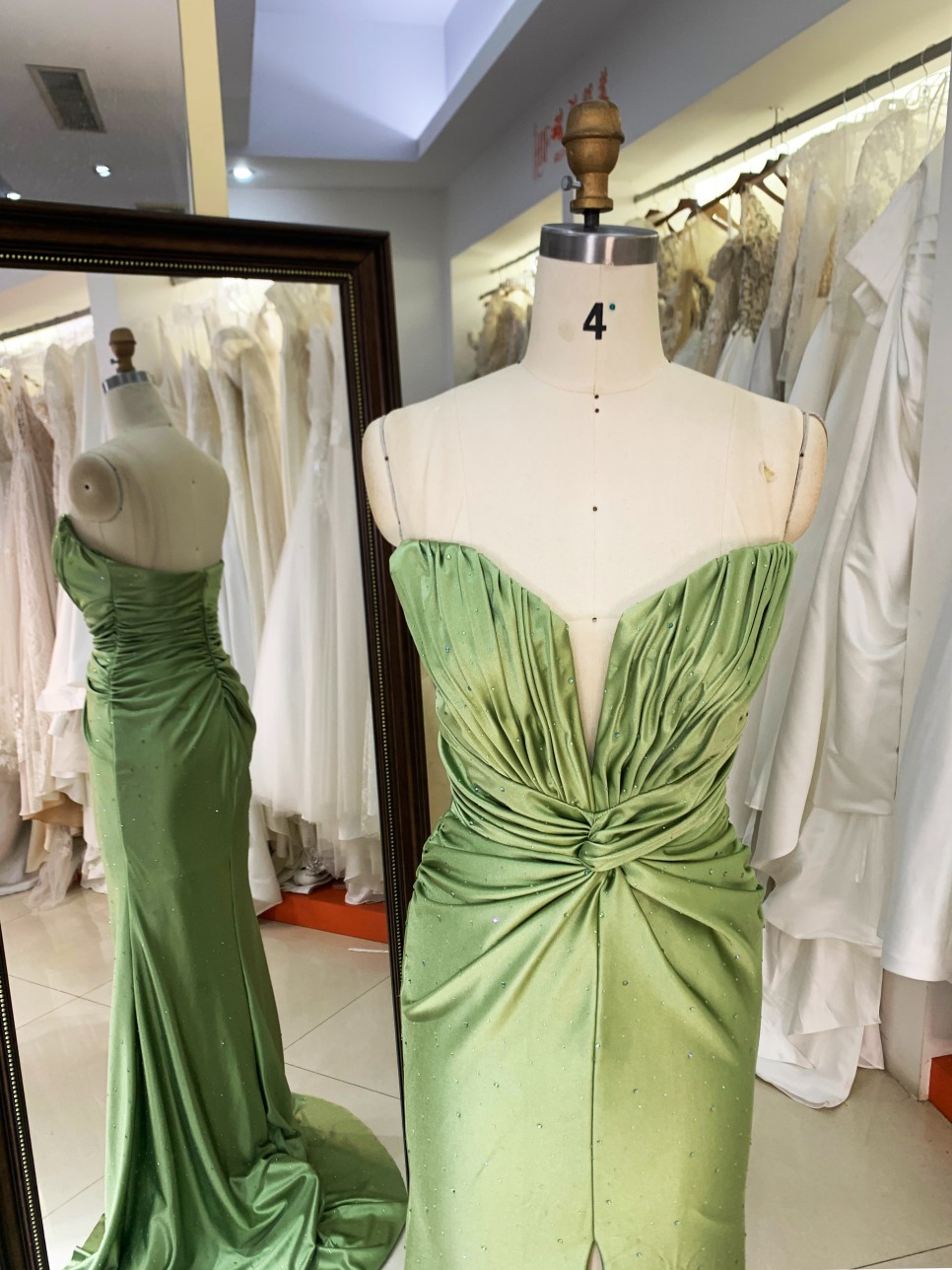 2026 Chic Sage Green Strapless Satin Sweep Train Floor-Length Prom Dress for Women Cutout Mermaid Formal Evening Gown with Slit