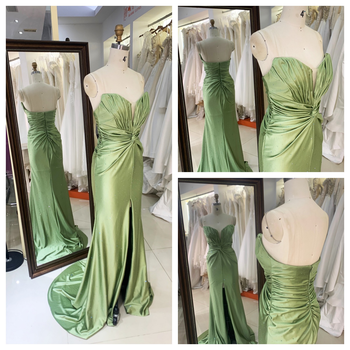 2026 Chic Sage Green Strapless Satin Sweep Train Floor-Length Prom Dress for Women Cutout Mermaid Formal Evening Gown with Slit