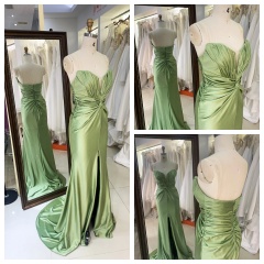2026 Chic Sage Green Strapless Satin Sweep Train Floor-Length Prom Dress for Women Cutout Mermaid Formal Evening Gown with Slit