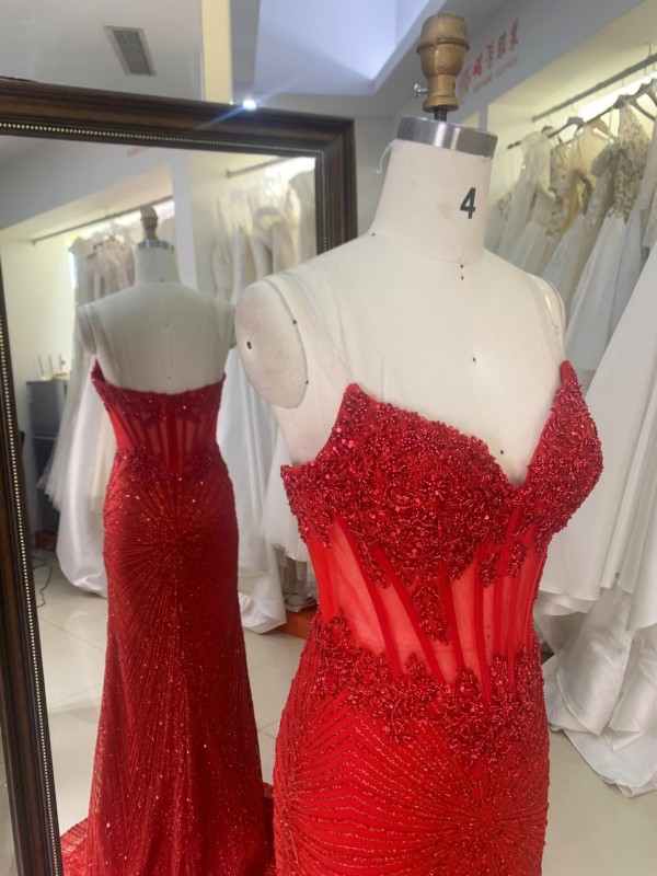 2026 High Quality Chic Hot Pink Laced Bodice Fitted Prom Dress Rhinestone Mermaid Strapless Floor-Length Satin Fabric