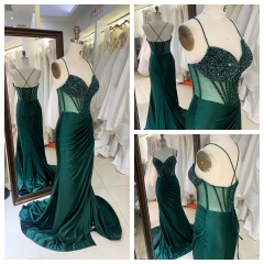 Wholesale Emerald Green Long Party Dresses Corset Boning with Bead Lace-up Back for Party Evening Wear