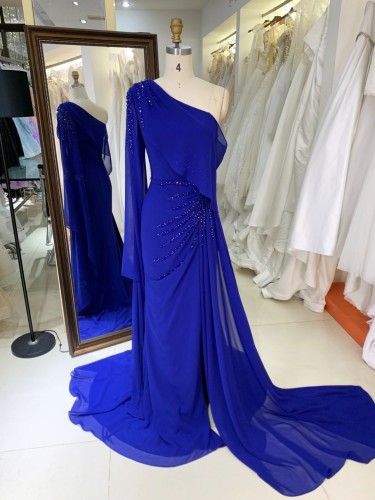 2026 High Quality Elegant Embroidered Fitted Cape One Shoulder Gown Sequined Beaded Sweep Train Floor-Length Evening Dress