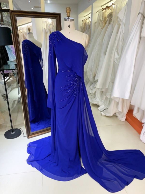 2026 High Quality Elegant Embroidered Fitted Cape One Shoulder Gown Sequined Beaded Sweep Train Floor-Length Evening Dress