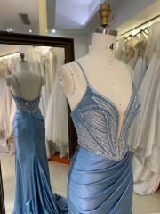 Elegant A-Line Beautiful Floor Length Blue Color Dressed Evening Dress with Rhinestone Sexy Evening Dresses