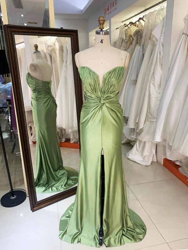 2026 Chic Sage Green Strapless Satin Sweep Train Floor-Length Prom Dress for Women Cutout Mermaid Formal Evening Gown with Slit