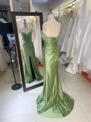 2026 Chic Sage Green Strapless Satin Sweep Train Floor-Length Prom Dress for Women Cutout Mermaid Formal Evening Gown with Slit