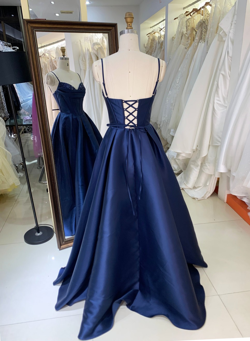 Dark Navy Blue Satin Evening Dress with Beading with Lace up Back Floor-Length Wholesale Princess Prom Dresses