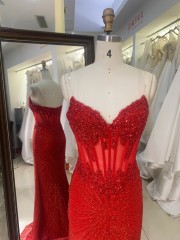 2026 High Quality Chic Hot Pink Laced Bodice Fitted Prom Dress Rhinestone Mermaid Strapless Floor-Length Satin Fabric