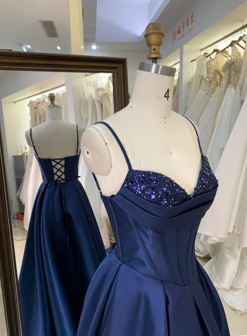 Dark Navy Blue Satin Evening Dress with Beading with Lace up Back Floor-Length Wholesale Princess Prom Dresses