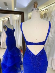 Dusty Blue with Embroidered Flowers Beautiful Mermaid Prom Evening Dress White Cocktail Dress