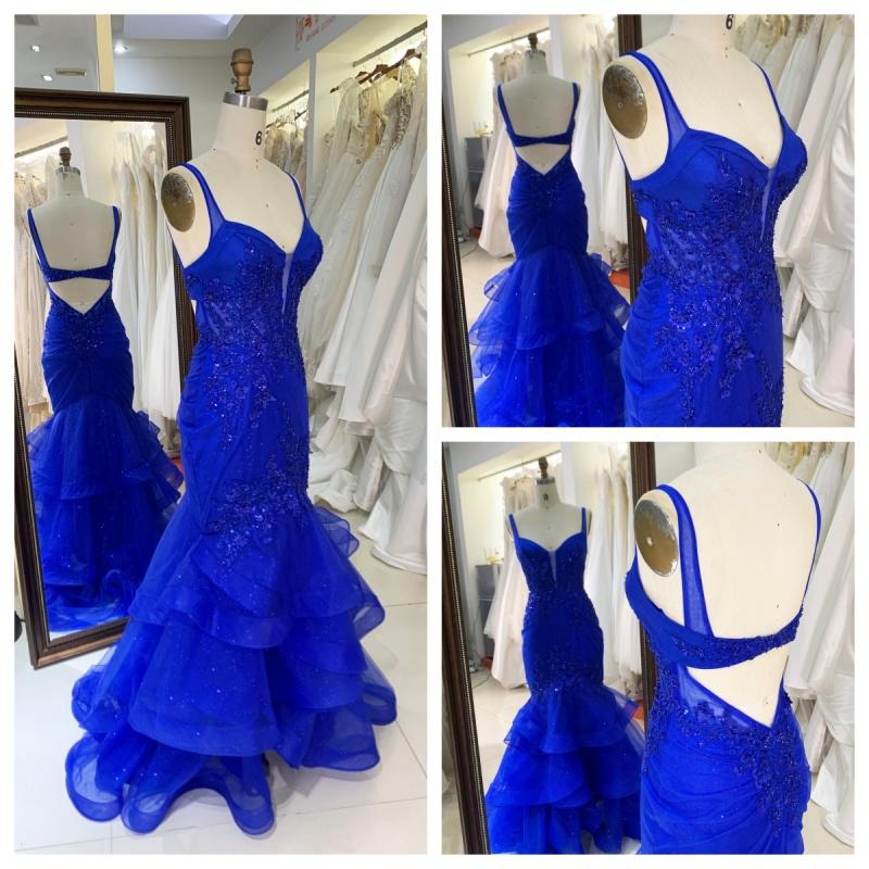 Dusty Blue with Embroidered Flowers Beautiful Mermaid Prom Evening Dress White Cocktail Dress