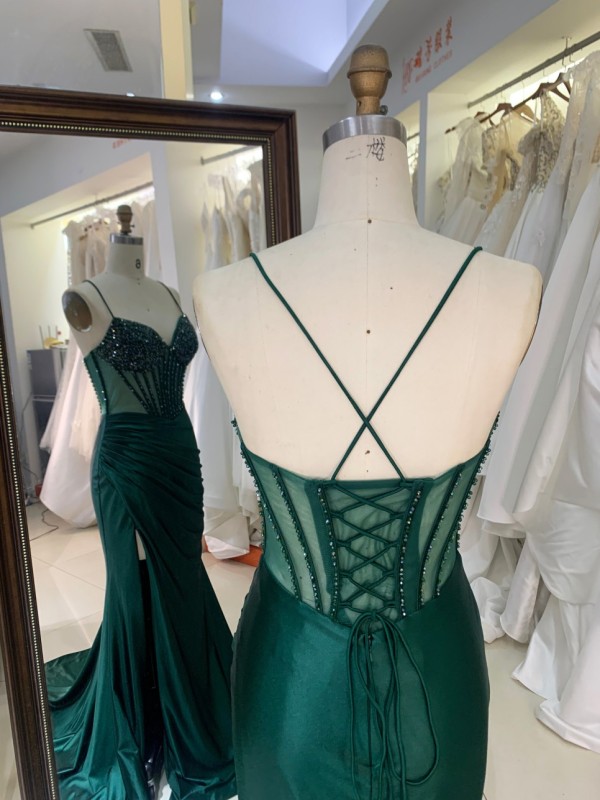 Wholesale Emerald Green Long Party Dresses Corset Boning with Bead Lace-up Back for Party Evening Wear