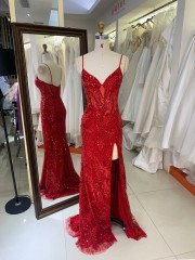 2026 Red Mermaid Spaghetti Strap Beaded Sequined Applique Floor-Length V-Neck Sweep Train Modest Built-in Bra Embroidered Dress