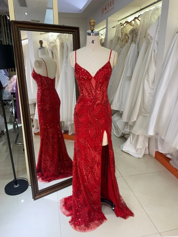 2026 Red Mermaid Spaghetti Strap Beaded Sequined Applique Floor-Length V-Neck Sweep Train Modest Built-in Bra Embroidered Dress