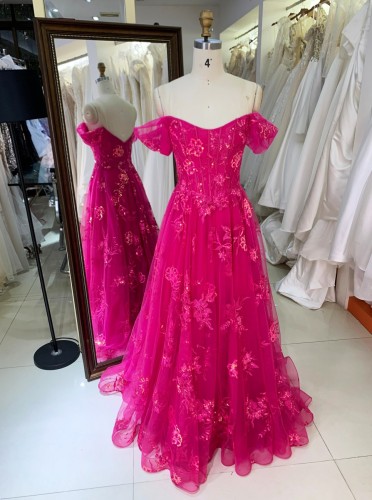 Wholesale Prom Dresses off Shoulder Evening Dress Ball Gown with Beading Embroidery Flowers A-line Evening Dresses