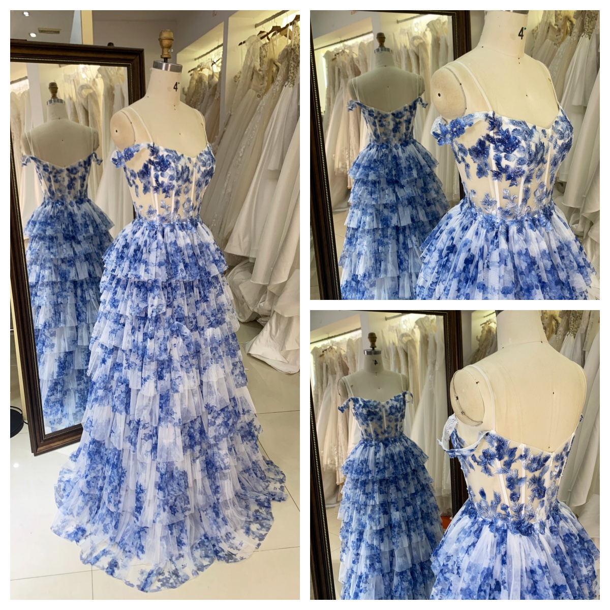 2026 High Quality Elegant Light Blue Floral Printed Tiered Floor-Length Sweep Train Prom Dresses Slit Spaghetti Strap