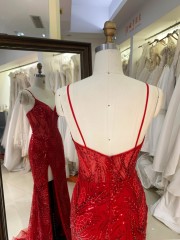 2026 Red Mermaid Spaghetti Strap Beaded Sequined Applique Floor-Length V-Neck Sweep Train Modest Built-in Bra Embroidered Dress