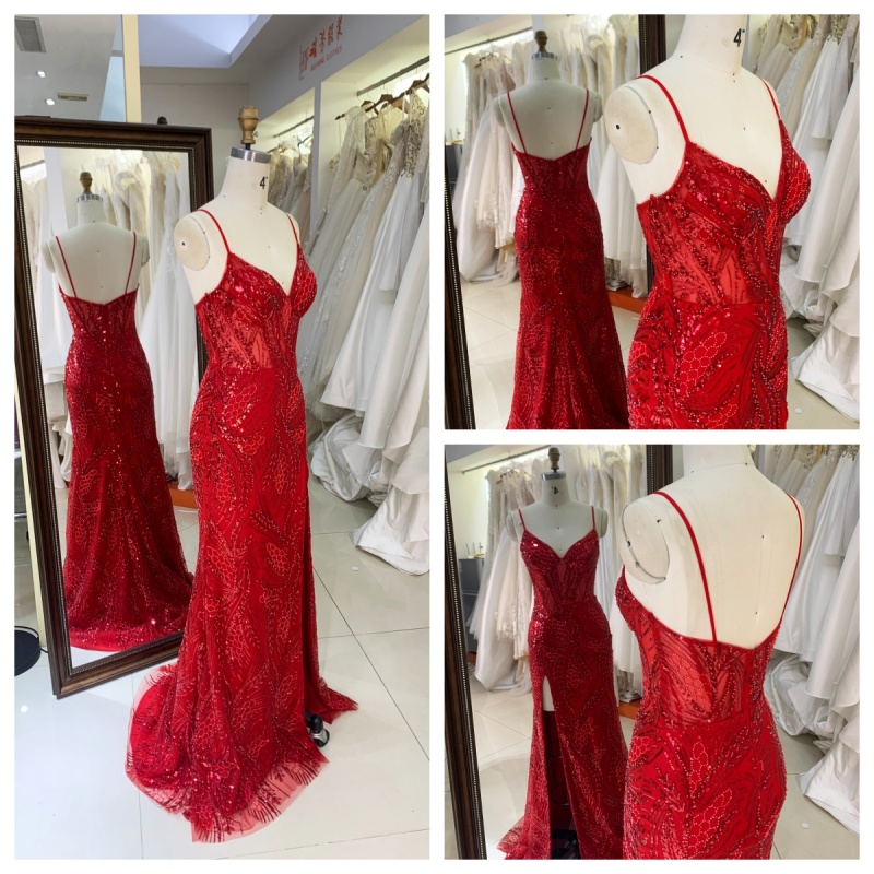 2026 Red Mermaid Spaghetti Strap Beaded Sequined Applique Floor-Length V-Neck Sweep Train Modest Built-in Bra Embroidered Dress