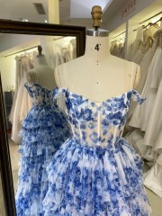 2026 High Quality Elegant Light Blue Floral Printed Tiered Floor-Length Sweep Train Prom Dresses Slit Spaghetti Strap