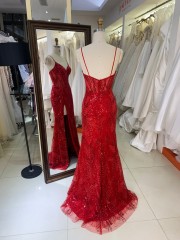 2026 Red Mermaid Spaghetti Strap Beaded Sequined Applique Floor-Length V-Neck Sweep Train Modest Built-in Bra Embroidered Dress
