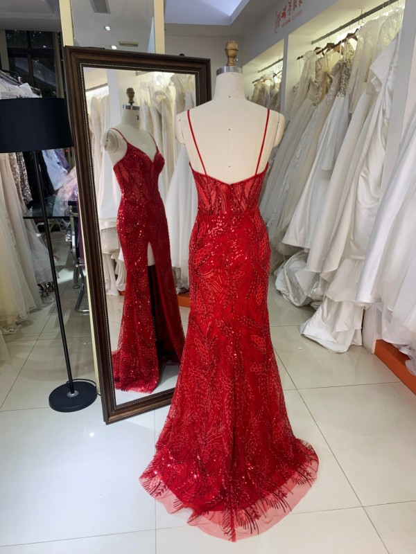 2026 Red Mermaid Spaghetti Strap Beaded Sequined Applique Floor-Length V-Neck Sweep Train Modest Built-in Bra Embroidered Dress