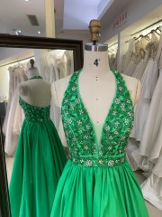2026 Luxury Satin Green Floor-Length Sweep Train Spaghetti Strap Prom Dresses Backless Halter with Sequined Appliques