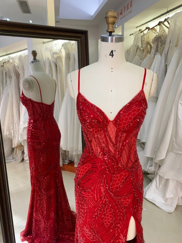 2026 Red Mermaid Spaghetti Strap Beaded Sequined Applique Floor-Length V-Neck Sweep Train Modest Built-in Bra Embroidered Dress