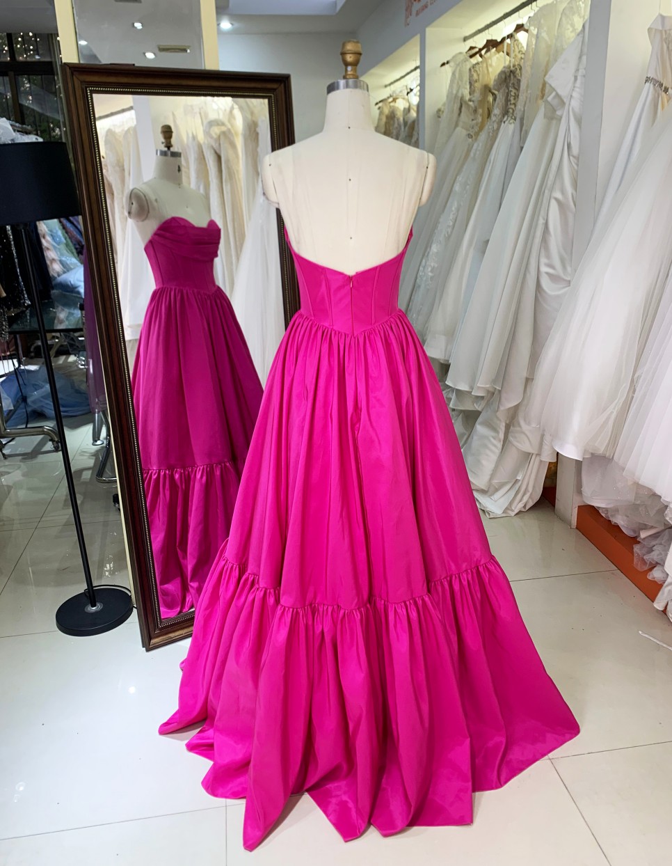 2025 Hot Pink Embroidery Natural Waistline A-Line Floor-Length Sleeveless Hand Pleated Satin Ball Gown Prom Dresses for Party