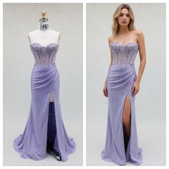 Elegant A-Line Lilac Color Beautiful Floor Length Dressed Evening Dress with Beading and High Split