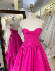 2025 Hot Pink Embroidery Natural Waistline A-Line Floor-Length Sleeveless Hand Pleated Satin Ball Gown Prom Dresses for Party