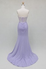 Elegant A-Line Lilac Color Beautiful Floor Length Dressed Evening Dress with Beading and High Split
