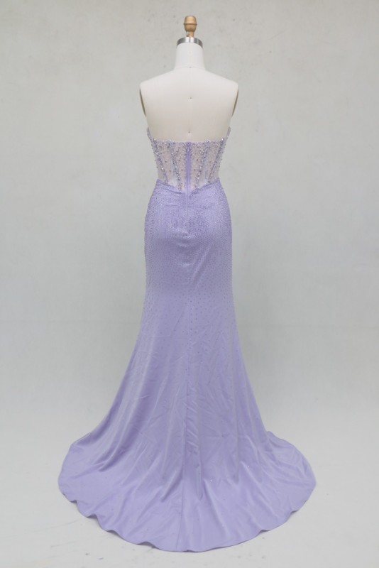 Elegant A-Line Lilac Color Beautiful Floor Length Dressed Evening Dress with Beading and High Split