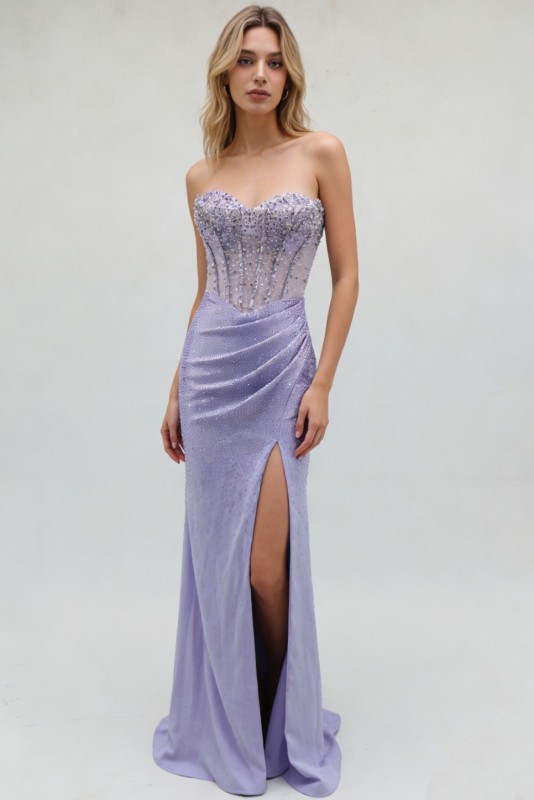 Elegant A-Line Lilac Color Beautiful Floor Length Dressed Evening Dress with Beading and High Split