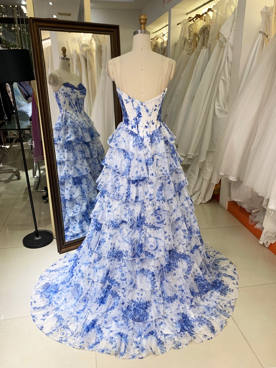 Blue Flower Print Sweetheart Embroidery a Line Corset Princess Prom Dresses