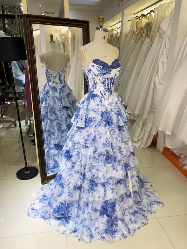 Blue Flower Print Sweetheart Embroidery a Line Corset Princess Prom Dresses