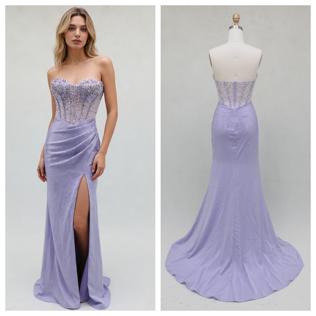 Elegant A-Line Lilac Color Beautiful Floor Length Dressed Evening Dress with Beading and High Split