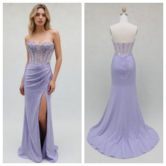 Elegant A-Line Lilac Color Beautiful Floor Length Dressed Evening Dress with Beading and High Split