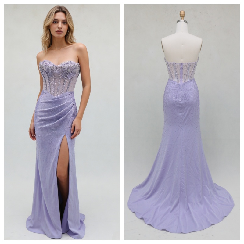 Elegant A-Line Lilac Color Beautiful Floor Length Dressed Evening Dress with Beading and High Split