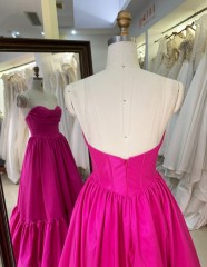 2025 Hot Pink Embroidery Natural Waistline A-Line Floor-Length Sleeveless Hand Pleated Satin Ball Gown Prom Dresses for Party