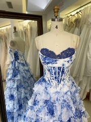 Blue Flower Print Sweetheart Embroidery a Line Corset Princess Prom Dresses