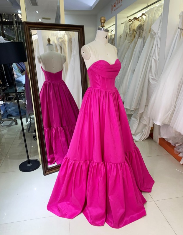 2025 Hot Pink Embroidery Natural Waistline A-Line Floor-Length Sleeveless Hand Pleated Satin Ball Gown Prom Dresses for Party