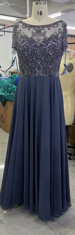 Navy Machine Beading Party Mother of the Bride Ball Gown Floor-Length Dress with Chiffon Skirt Embroidery Built-in Bra