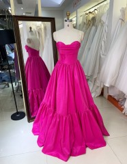 2025 Hot Pink Embroidery Natural Waistline A-Line Floor-Length Sleeveless Hand Pleated Satin Ball Gown Prom Dresses for Party