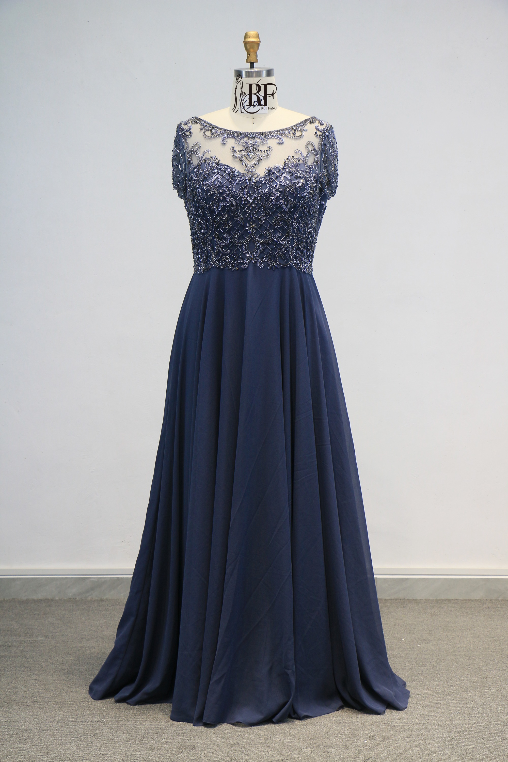 Navy Machine Beading Party Mother of the Bride Ball Gown Floor-Length Dress with Chiffon Skirt Embroidery Built-in Bra