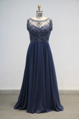 Navy Machine Beading Party Mother of the Bride Ball Gown Floor-Length Dress with Chiffon Skirt Embroidery Built-in Bra