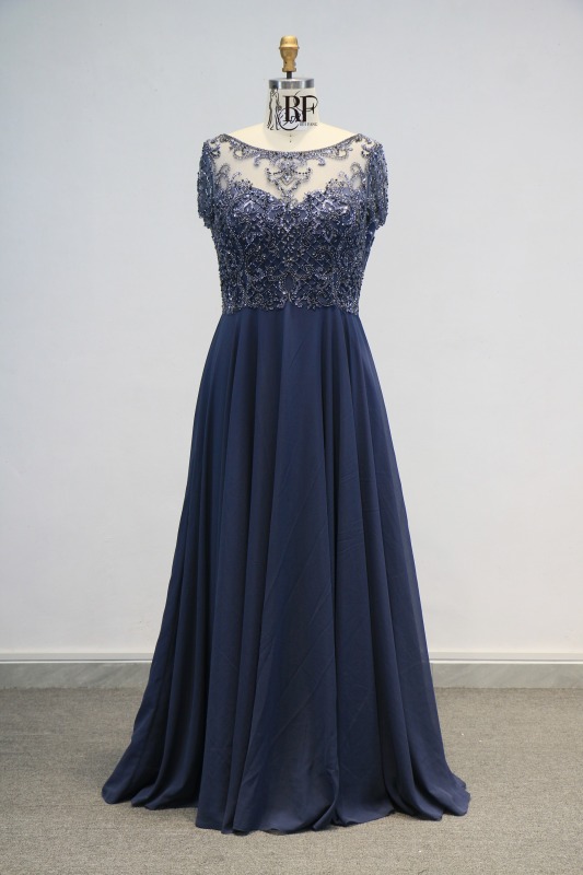 Navy Machine Beading Party Mother of the Bride Ball Gown Floor-Length Dress with Chiffon Skirt Embroidery Built-in Bra