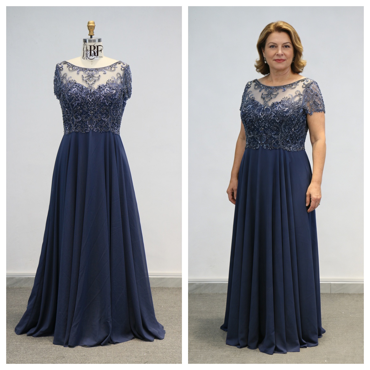 Navy Machine Beading Party Mother of the Bride Ball Gown Floor-Length Dress with Chiffon Skirt Embroidery Built-in Bra