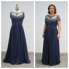 Navy Machine Beading Party Mother of the Bride Ball Gown Floor-Length Dress with Chiffon Skirt Embroidery Built-in Bra