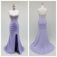 Elegant A-Line Lilac Color Beautiful Floor Length Dressed Evening Dress with Beading and High Split